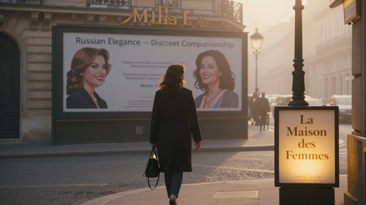 A woman walking away from a luxury hotel at dawn as a support center glows softly in the background, symbolizing escape and hope.